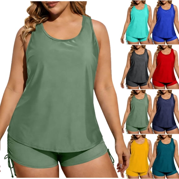 Lenago Womens Swimsuits Solid Color With Chest Cushion No Steel Support Loose Drawstring Split Swimsuit Set Two Piece Drawstring Bathing Suit