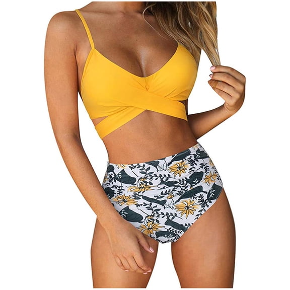 Lenago Womens Swimsuits Splicing Print Split Swimwear Bathing Swimwear High Waist Swimsuit