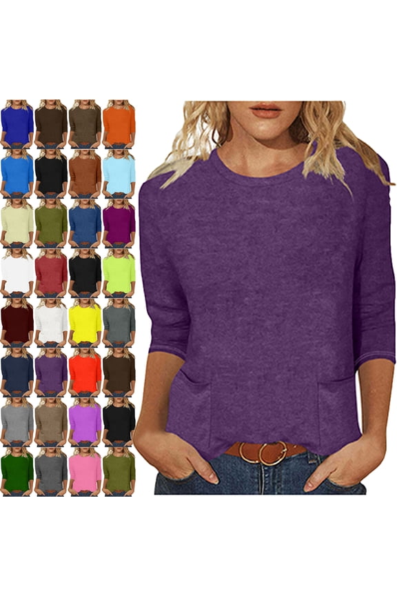 Womens Tops 3/4 Sleeves Solid Colo Crew Neck T Shirt Fashion Loose Comfort Mid-Length Blouse Round Neck Casual Tops Summer Vacation Everyday Costume Beach,Work Clothes,Shopping Shirt For Women