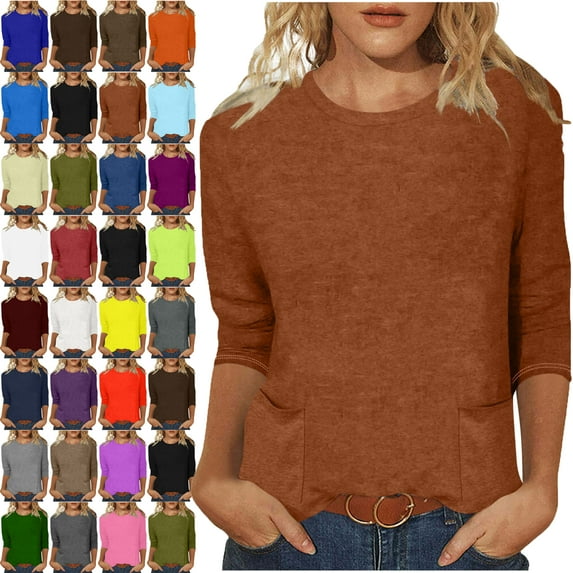 Lenago Womens Tops 3/4 Sleeves Solid Colo Crew Neck T Shirt Fashion Loose Comfort Mid-Length Blouse Round Neck Casual Tops Summer Vacation Everyday Costume Beach,Work Clothes,Shopping Shirt For Women