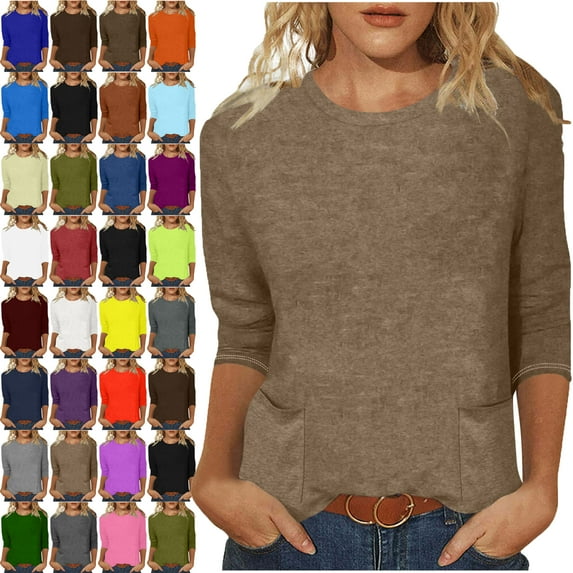 Lenago Womens Tops 3/4 Sleeves Solid Colo Crew Neck T Shirt Fashion Loose Comfort Mid-Length Blouse Round Neck Casual Tops Summer Vacation Everyday Costume Beach,Work Clothes,Shopping Shirt For Women