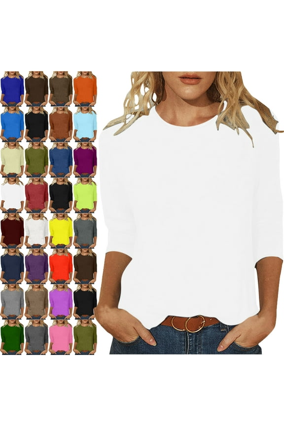 Womens Tops 3/4 Sleeves Solid Colo Crew Neck T Shirt Fashion Loose Comfort Mid-Length Blouse Round Neck Casual Tops Summer Vacation Everyday Costume Beach,Work Clothes,Shopping Shirt For Women