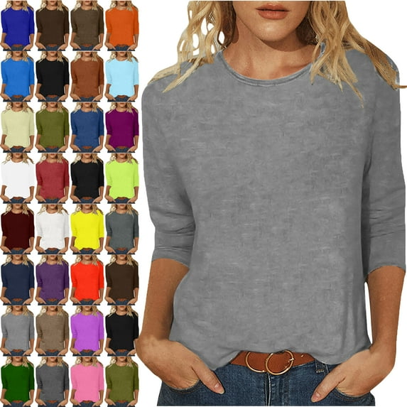 Lenago Womens Tops 3/4 Sleeves Solid Colo Crew Neck T Shirt Fashion Loose Comfort Mid-Length Blouse Round Neck Casual Tops Summer Vacation Everyday Costume Beach,Work Clothes,Shopping Shirt For Women