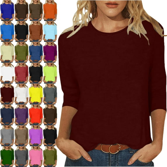 Lenago Womens Tops 3/4 Sleeves Solid Colo Crew Neck T Shirt Fashion Loose Comfort Mid-Length Blouse Round Neck Casual Tops Summer Vacation Everyday Costume Beach,Work Clothes,Shopping Shirt For Women