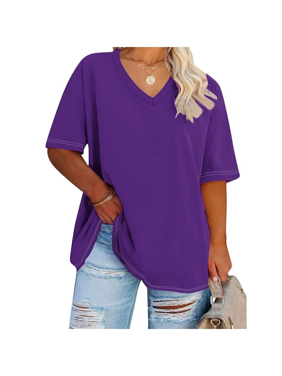 Womens Tops Summer Plus Size Casual V Neck Short Sleeve T-shirt Blouse Tunic Tops Size S-5XL