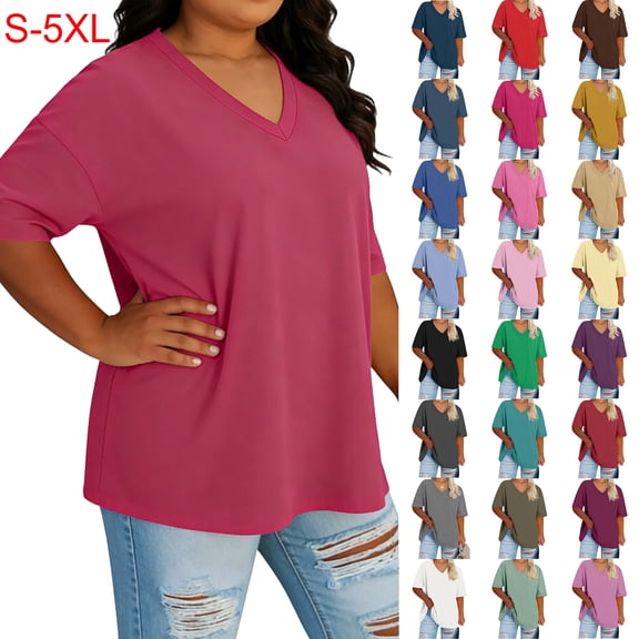 ZKCCNUK Womens Tops Summer Plus Size Casual V Neck Short Sleeve T-shirt Blouse Tunic Tops Size S-5XL