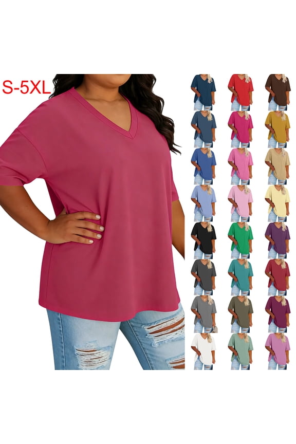 Womens Tops Summer Plus Size Casual V Neck Short Sleeve T-shirt Blouse Tunic Tops Size S-5XL