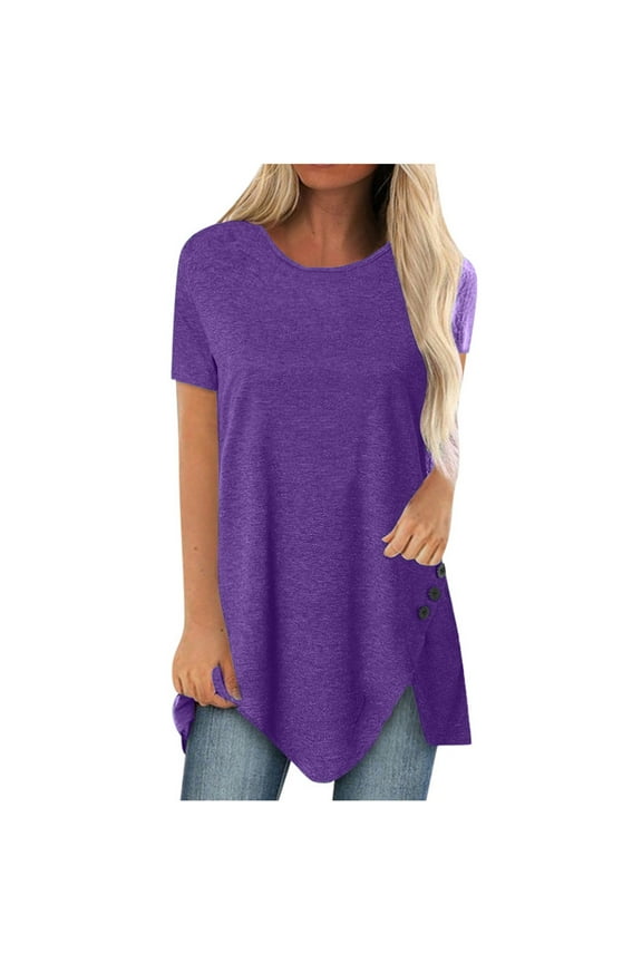 Womens Tops Plus Size Short Sleeve Button Solid O-Neck Irregular T-shirt Blouse Tops
