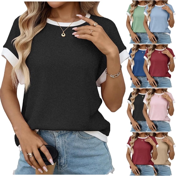 Lenago Womens Tops Summer Short Sleeve T-Shirts Round Neck Solid Color Blouses Casual Shirts