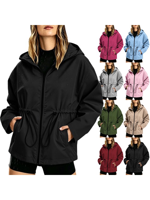 Womens Waterproof Hooded Jacket With Drawstring Waist Made Of Nylon For Fall Winter Outdoor Activities And Daily Wear