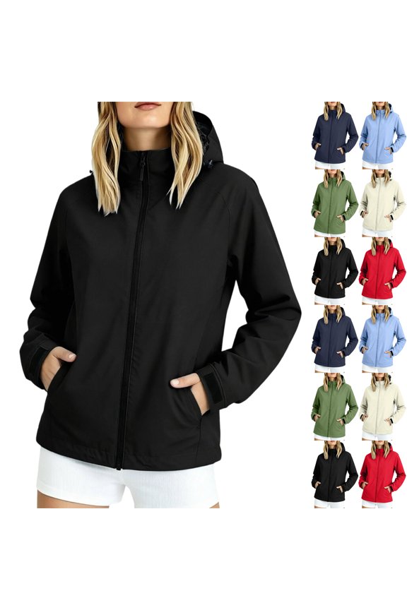 Womens Waterproof Hooded Jacket With Snap Buttons And Dual Zipper Made Of Oxford Fabric For Fall Winter Outdoor And Daily Use