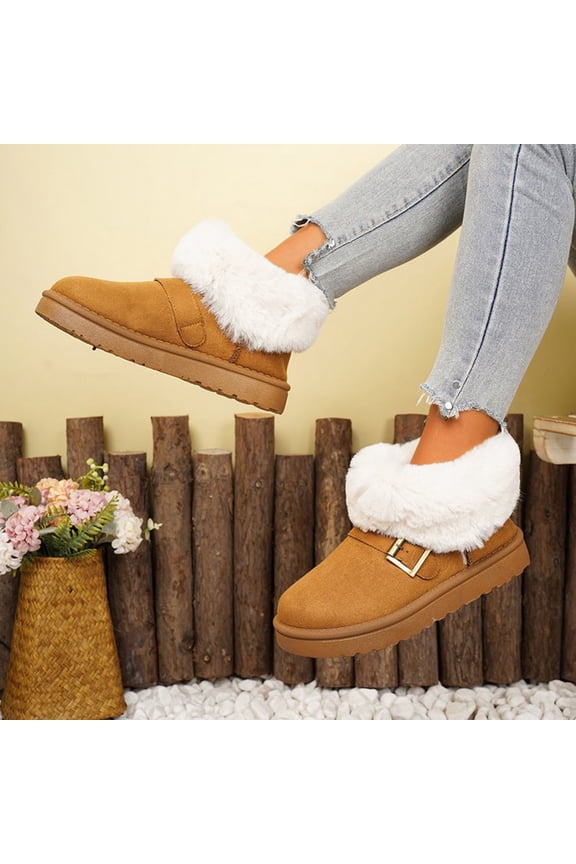 Womens Winter Snow Boots Slip On Warm Boots Fluffy Slippers Warm Boots Wide Width Low Heel Snow Shoes Insulated Faux Fur Lined Outdoors Boots Footwear