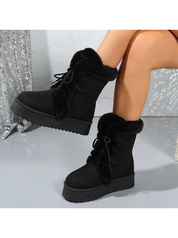 Womens Winter Snow Boots Slip On Warm Boots Fluffy Slippers Warm Boots Wide Width Low Heel Snow Shoes Insulated Faux Fur Lined Outdoors Boots Footwear