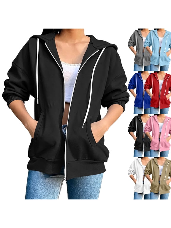 Womens Zip Up Hoodies Oversized Sweatshirt Casual Solid Color Zipper Drawstring 3/5 Sleeve Elastic Cuff Jacket