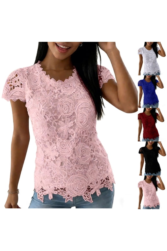 Wonens Tops Tops Women Tops Wimens Tops Ladies' Casual And Fashionable Round Neck Lace Petal Short Sleeved Top Pink XL
