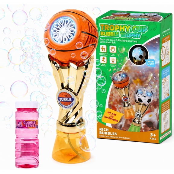 Lenbar Light-Up Basketball Trophy Bubble Machine with Bubble Solution, Automatic Bubble Maker, High-Capacity Tray, Outdoor Play Toy for Kids Ages 3-8