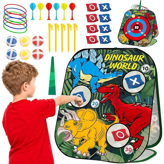 Lenbar Dinosaur Bean Bag Toss Game for Kids, 2-in-1 Cornhole and Dart Board Toss Game, Indoor Outdoor Party Yard Toy for Boys Girls Ages 3-8