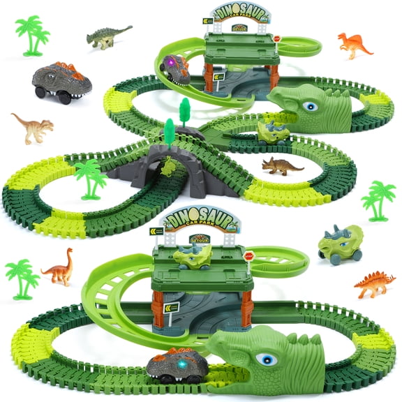 EagleStone 241-Piece Dinosaur Track Playset, with Dual-Level Parking Garage, Light-Up Car, 6 Dinosaur Figures, Flexible Race Tracks for Kids Ages 3-12