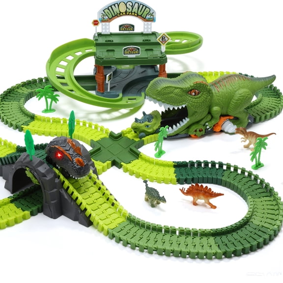 Lenbar Dinosaur Race Track Set with Double-Level Parking Garage, 246-Piece Flexible Track, Light-Up Car, Friction Car, 6 Dinosaur Figures, T-Rex Vehicle, Kids Ages 3+