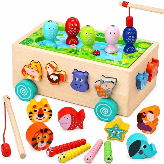 Lenbar Montessori Wooden Activity Toy, 25-Piece Catching, Fishing and Matching Game with 2 Fishing Rods, Worms, Fish and Animal Blocks, Ages 1-3