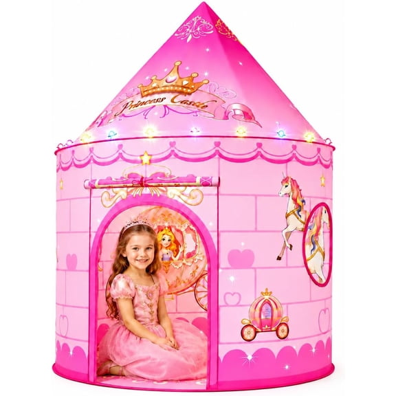 Lenbar Princess Pop-Up Play Tent with LED Lights, 40-Inch Diameter, 51-Inch High Pink Castle Playhouse, Dress-Up Tent and Reading Nook, Ages 3-8
