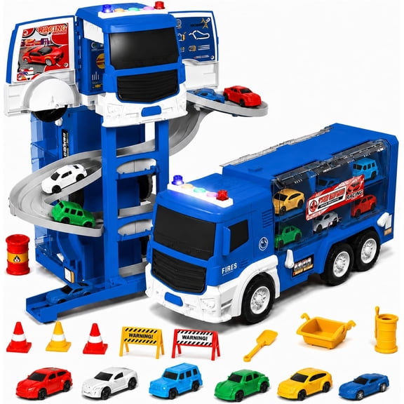 Lenbar Transforming Carrier Truck, 3-Level Parking Garage for Kids with 6 Cars, Spiral Race Track, One-Button Launcher, Truck Gift for Kids Ages 3+