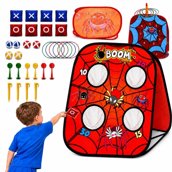 Lenbar 5-in-1 Spider Bean Bag Toss Game, Kids Cornhole Board with Ring Toss, Sticky Ball Target, Tic Tac Toe, Foldable Outdoor Toy, Ages 3-12