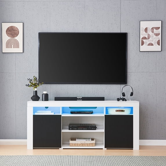 Lenexa 68" TV Console Table for TVs up to 75", Media Console Table Entertainment Center with RGB LED Lights and 2 Storage Cabinets, White w/ Black Doors