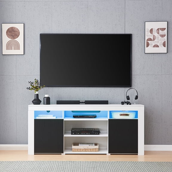 Lenexa 68" TV Console Table for TVs up to 75", Media Console Table Entertainment Center with RGB LED Lights and 2 Storage Cabinets, White w/ Black Doors