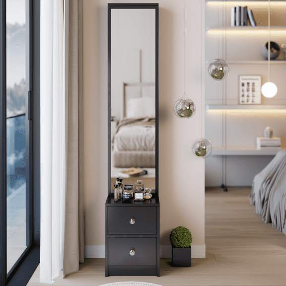Length 11.8" X Width 15.7" X Height 63" Simple Stylish Dressing Mirror Cabinet, Full Body Mirror Cabinet, Extra Large Mirror, Multi Layer High Capacity Storage, Use Alone Or in Conjunction with Vanity