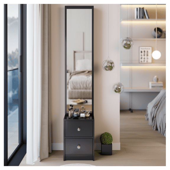 Length 11.8" x Width 15.7" x Height 63" Simple Stylish Dressing Mirror Cabinet, Full Body Mirror Cabinet, Extra Large Mirror, Multi Layer High Capacity Storage, Use Alone or In Conjunction With Vanity