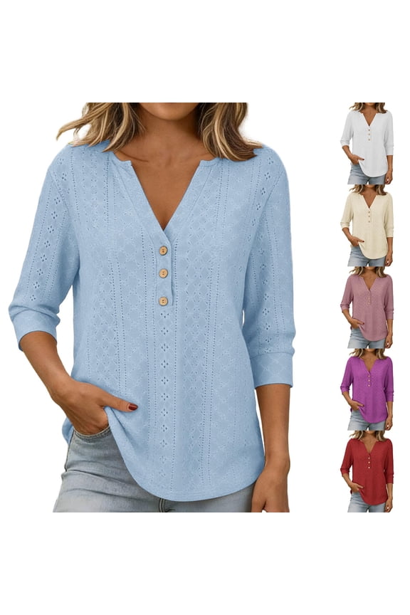Length Sleeve Short Petite Cotton Tees Womens Tops 3/4 Sleeve V-Neck A-Line Tops - Button Front for Beach White M