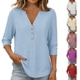 thumbnail image 1 of Length Sleeve Short Petite Cotton Tees Womens Tops 3/4 Sleeve V-Neck A-Line Tops - Button Front for Beach White S, 1 of 9