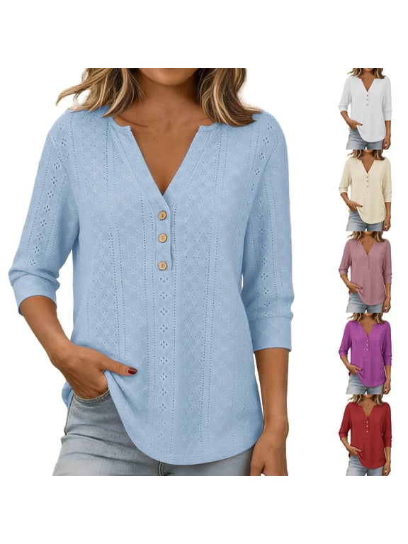 Length Sleeve Short Petite Cotton Tees Womens Tops 3/4 Sleeve V-Neck A-Line Tops - Button Front for Beach White S