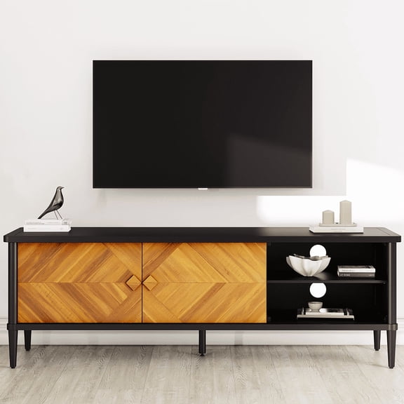 Lenia 63" Solid Acacia Wood TV Media Console 65 70 75 Inch, Farmhouse Rustic Mid Century Modern TV Stand Living Room, Entertainment Center Storage & Cabinets, Black Brown Teak