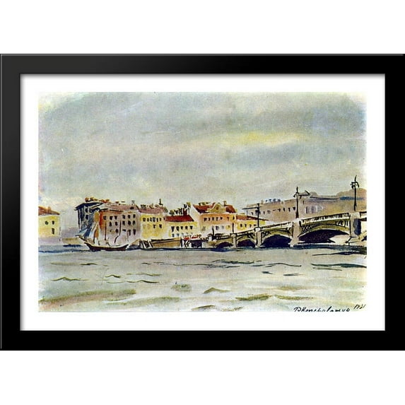 Leningrad. The embankment of the Neva. 40x28 Large Black Wood Framed Print Art by Pyotr Konchalovsky