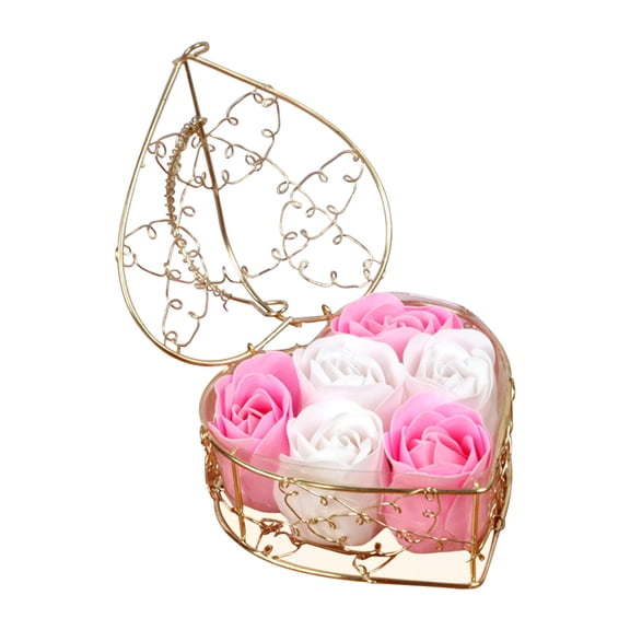 Lenkho 6 Pcs Floral Scented Bath Soap Set with Rose Flower Petals, Luxury Handmade Soap Bars with Metal Basket, Perfect Birthday Gift for Women, Gentle Cleansing & Moisturizing Skin Care