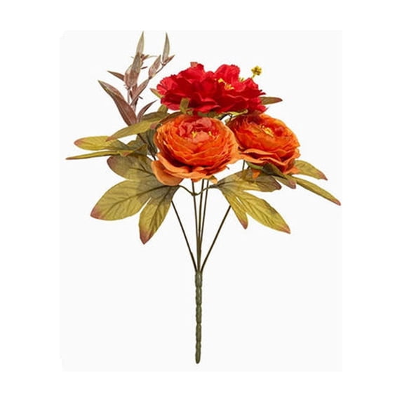 Lenkho Artificial Silk Peony Bouquet, Fall Orange Red Faux Flower Stems, Vivid Floral Bush Arrangement, Ideal for Vase Decor, Wedding and Home Table Ornament