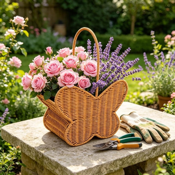 Lenkho Butterfly‑Shaped Woven Storage Basket with Curved Handle, Decorative Organizer Bin - Multi‑Purpose Small Container for Floral Arrangements, Tabletop Display, Gift Packaging