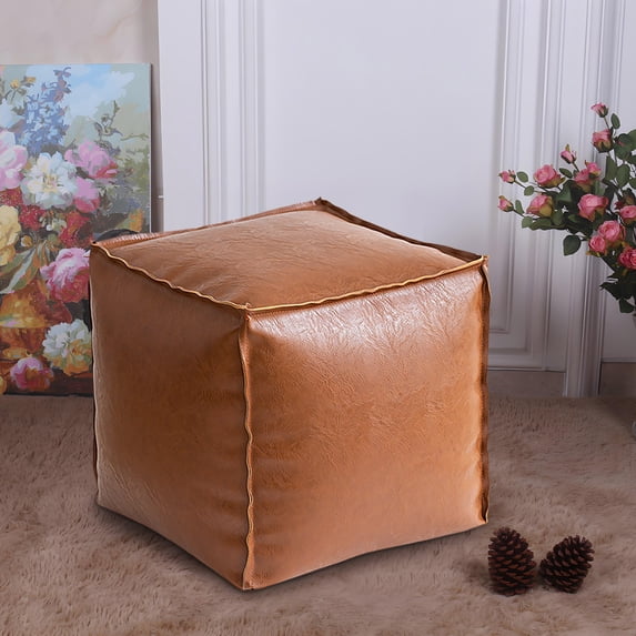 Lenkho Faux Leather Poofy Ottoman Footstool Moroccan Unstuffed Pouf Cover Foot For Storage Floor Cushion Footrest No Filler