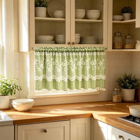 Lenkho Floral Print Tiered Window Curtains, Lace Edge Light Filtering Valance Curtains, Soft Window Shade for Kitchen Bathroom Cafe Home Decor