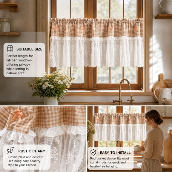 Lenkho Gingham Lace Café Curtains, Ruffled Bow Decor Tier Short Curtain, Rod Pocket Semi‑Sheer Checkered Kitchen Window Curtain, Machine Washable Small Window Treatment, Curtain Rod Not Included