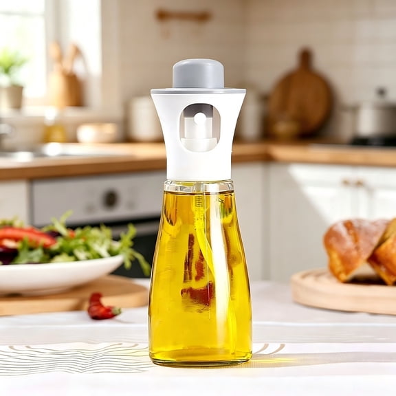 Lenkho Glass Oil Sprayer Bottle with Press Top, Reusable Fine Mist Oil Spritzer for Air Fryer, Baking, BBQ, Salad Cooking, Leakproof Transparent Olive Oil Dispenser