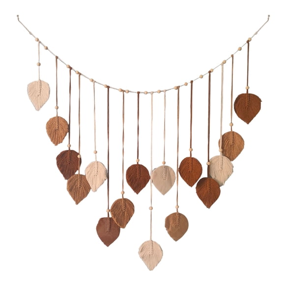 Lenkho Hand Woven Leaf Wall Hanging with Wooden Beads, Photo Display Garland, Rustic Art Tapestry Ornament for Home Bedroom Living Room Wall Decor