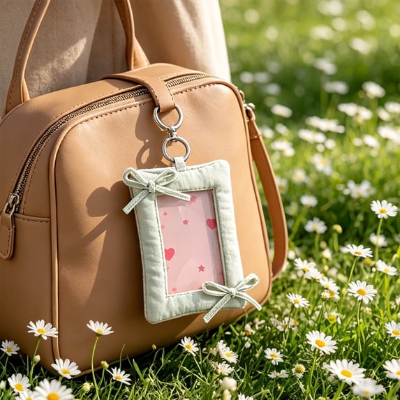Lenkho Kawaii Bow Photocard Holders 3 Inch Cute Fabric Card Protector ID Badge Holders With Keychain Backpack Glamour For Students