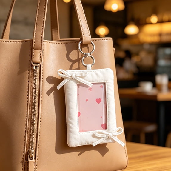 Lenkho Kawaii Bow Photocard Holders 3 Inch Cute Fabric Card Protector ID Badge Holders With Keychain Backpack Glamour For Students