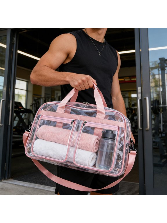 Large Clear Zipper Tote Bag - Waterproof Sports Travel Tote with Handles and Shoulder Strap - Multifunctional Organizer Bag for Gym, Sports, Beach, Travel