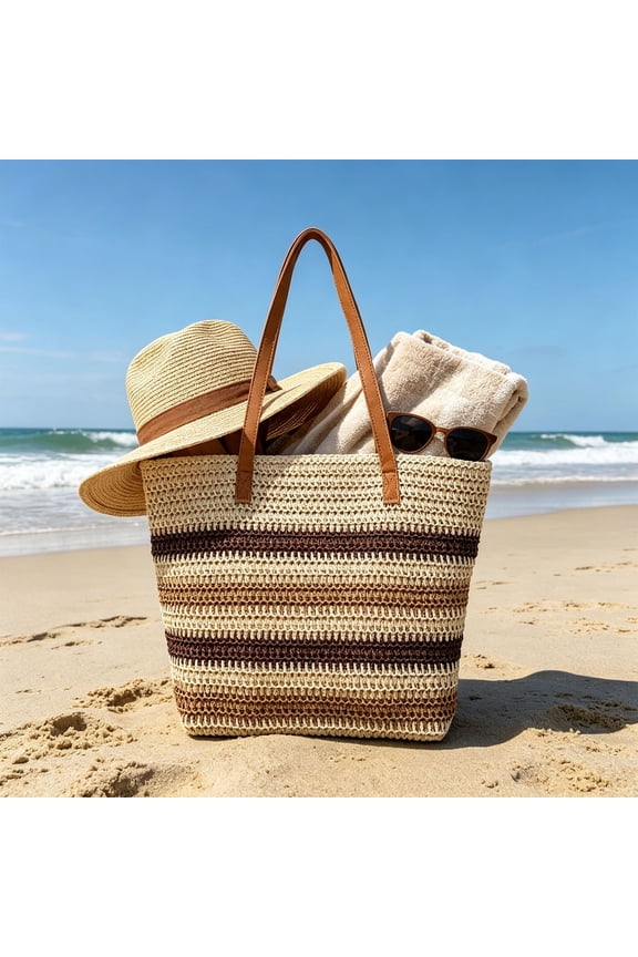 Leisure Straw Bag Trend Large Capacity Tote Woven Bag Summer Fashion Beach Bag Natural Women's Striped Straw Tote Bag