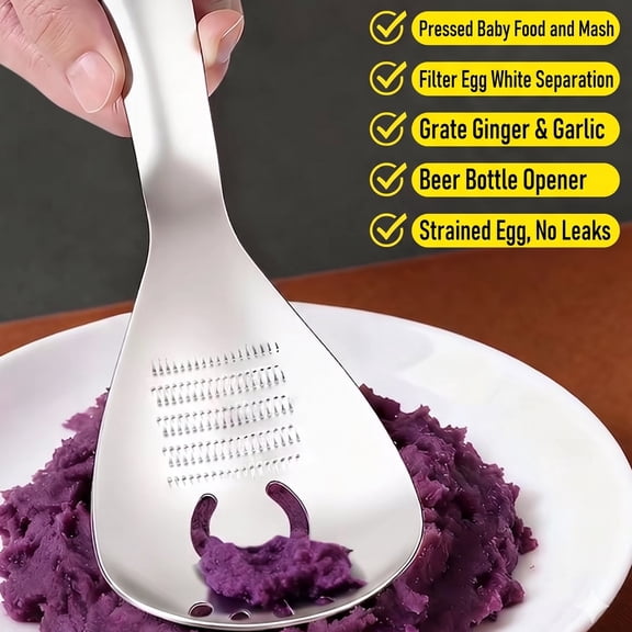 Lenkho Multifunctional 5-in-1 Cooking Spoon, 304 Stainless Steel Kitchen Tool for Potato Masher, Egg Separator, Bottle Opener and Mixing Stirrer, Durable Kitchen Cooking Tool