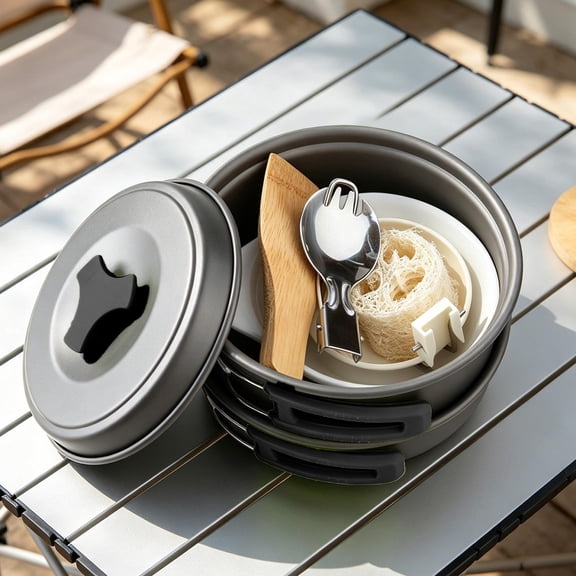 Lenkho Outdoor Camping Cookware Set Portable Compact Backpacking Cooking Pots Pans Combo Kit For Picnic Hiking Backpackers